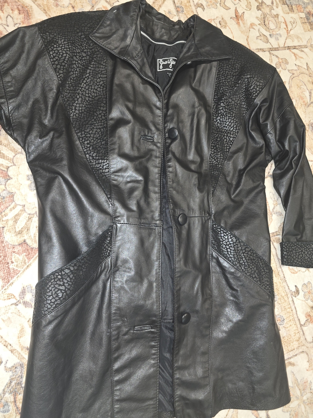 Vintage Black Leather Jacket with Cheetah Accents & Smooth Lining